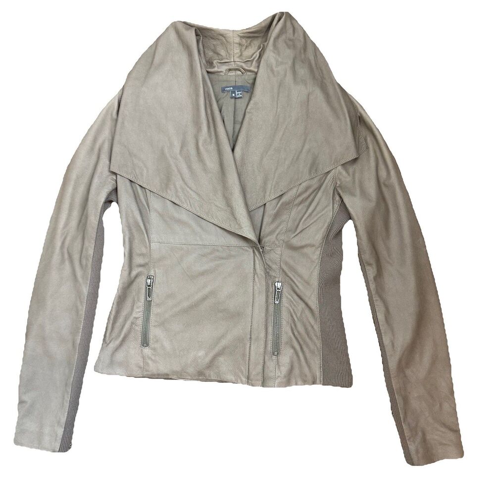 Vince Draped Neutral Tan Moto Leather Jacket Rib Knit Wool Details Size M Zipper
